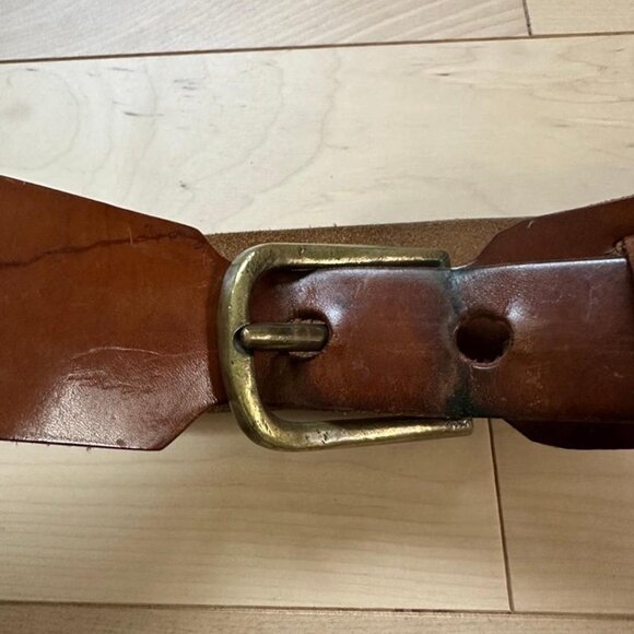 Vintage Handmade Leather Belt – Thick Sturdy Brown Leather, Brass Buckle - Picture 4 of 8
